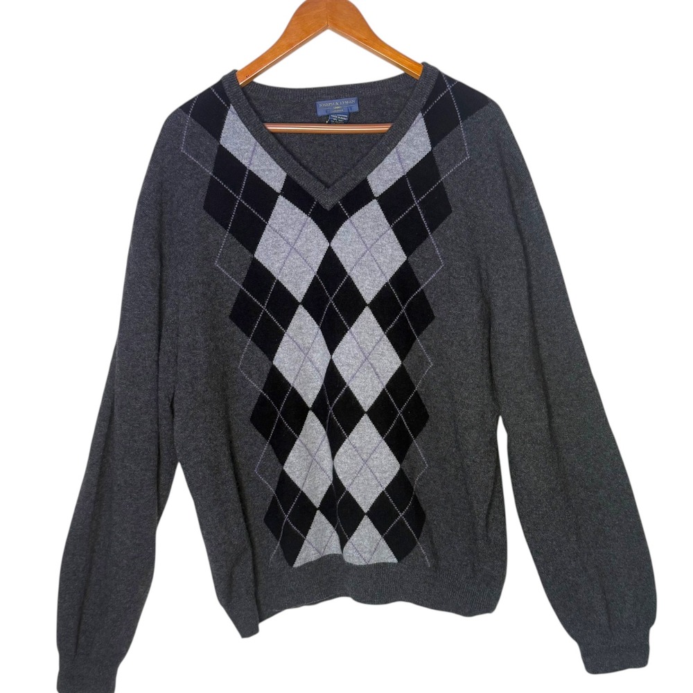 Joseph & Lyman‎ 100% Cashmere Argyle Sweater Men XXL V Neck Pullover Preppy